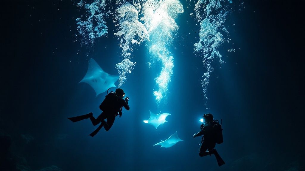 A scuba diver is mesmerized as a massive manta ray glides just inches overhead during a Kona night dive.