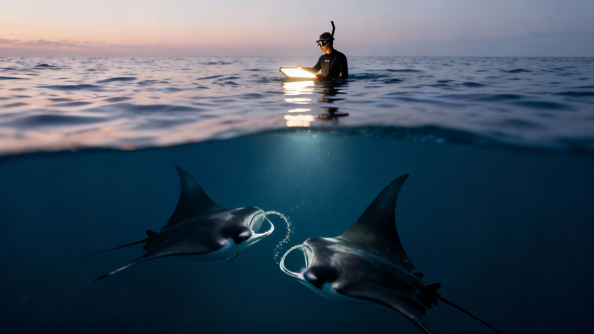 Snorkelers watching manta rays from a light board on the surface of the water