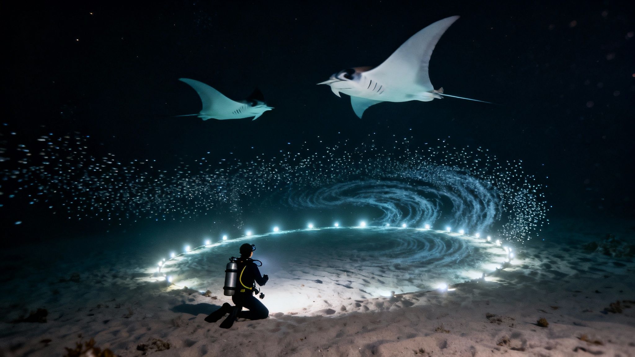 Graceful manta ray gliding through the water at night in Kona, Hawaii.