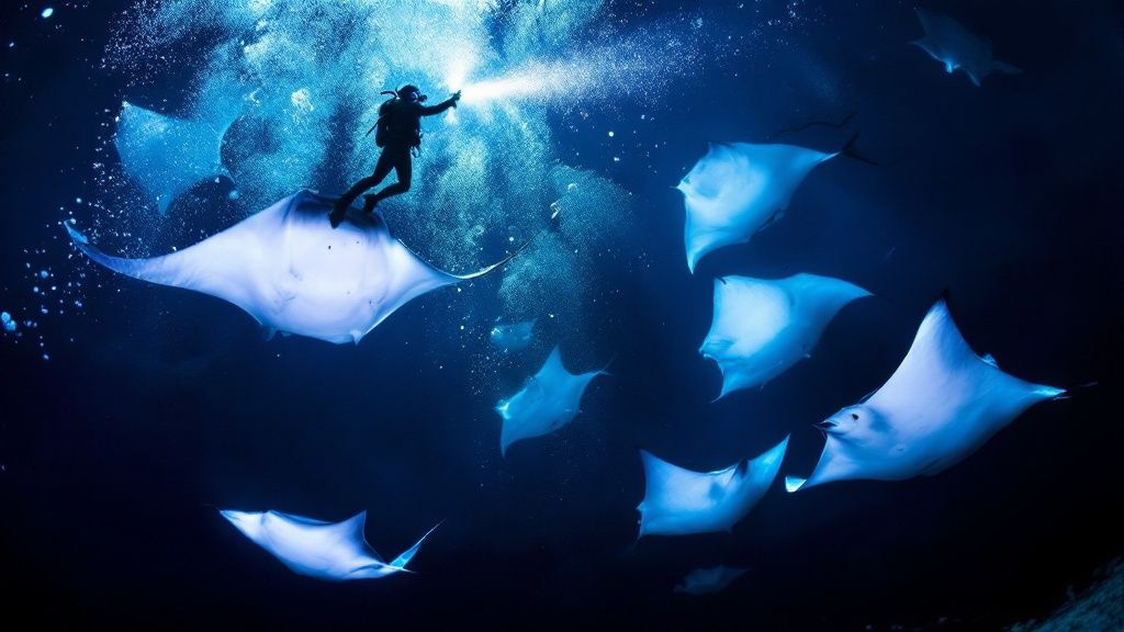 Divers preparing for a manta ray night dive.