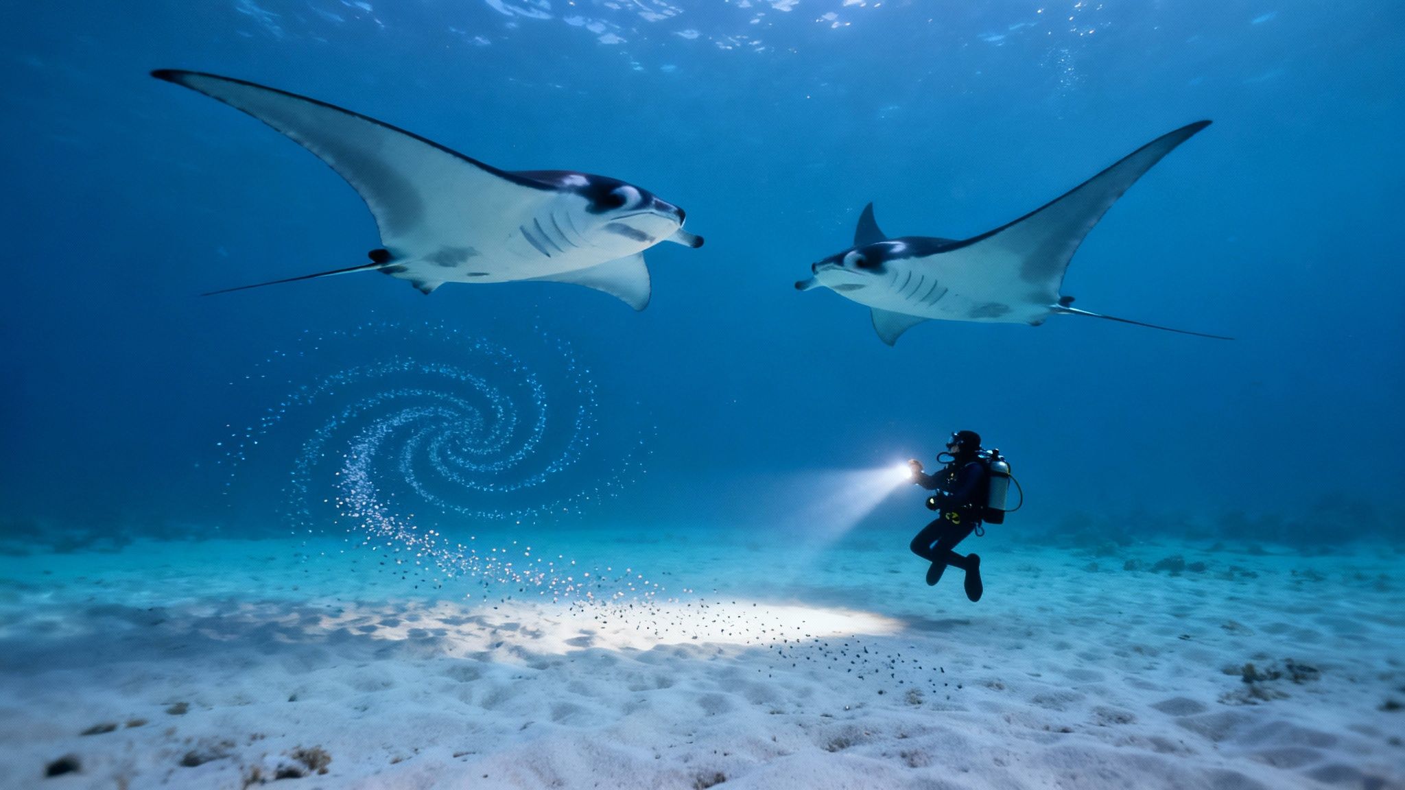 A scuba diver illuminates a massive manta ray gliding overhead during a night dive in Kona, Big Island.