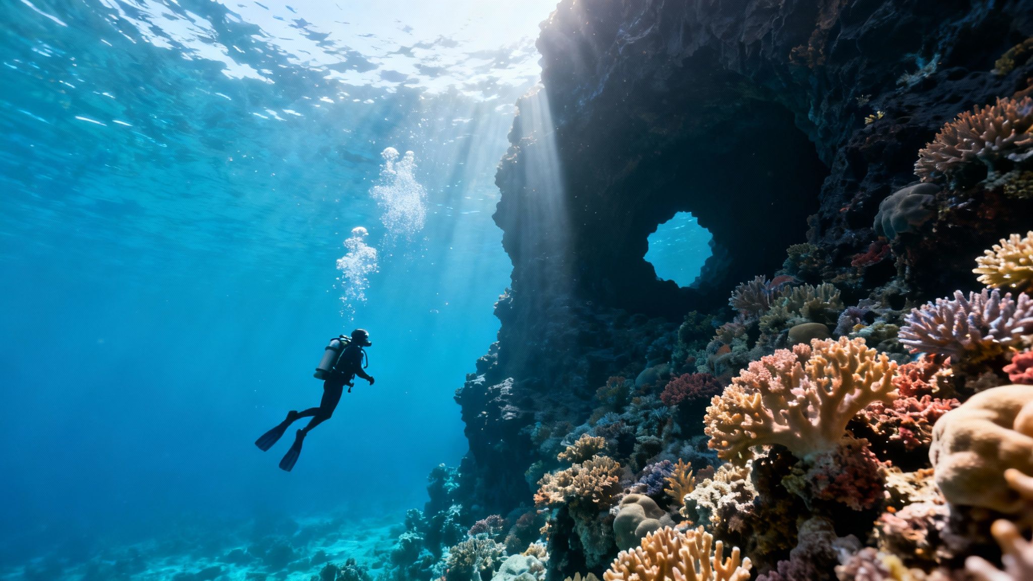 A solo scuba diver exploring a vibrant coral reef and underwater cave with sunbeams.