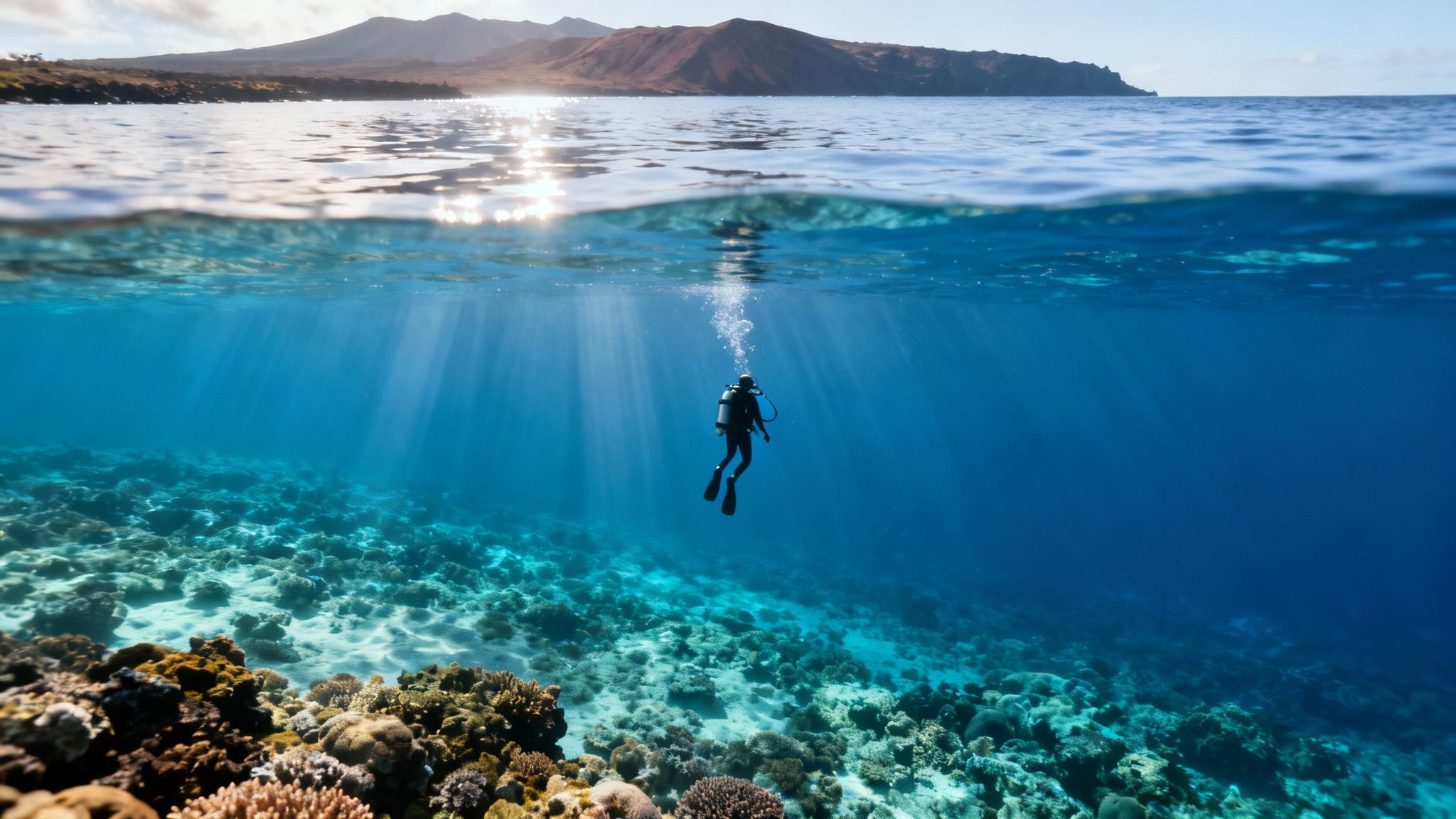A vibrant split-level view shows a scuba diver exploring a beautiful coral reef near an island.