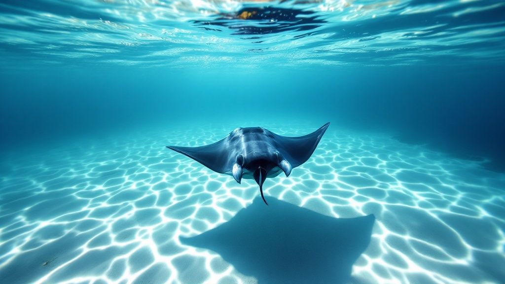 A scuba diver looks up as a large manta ray glides gracefully through the dark ocean waters of Kona.