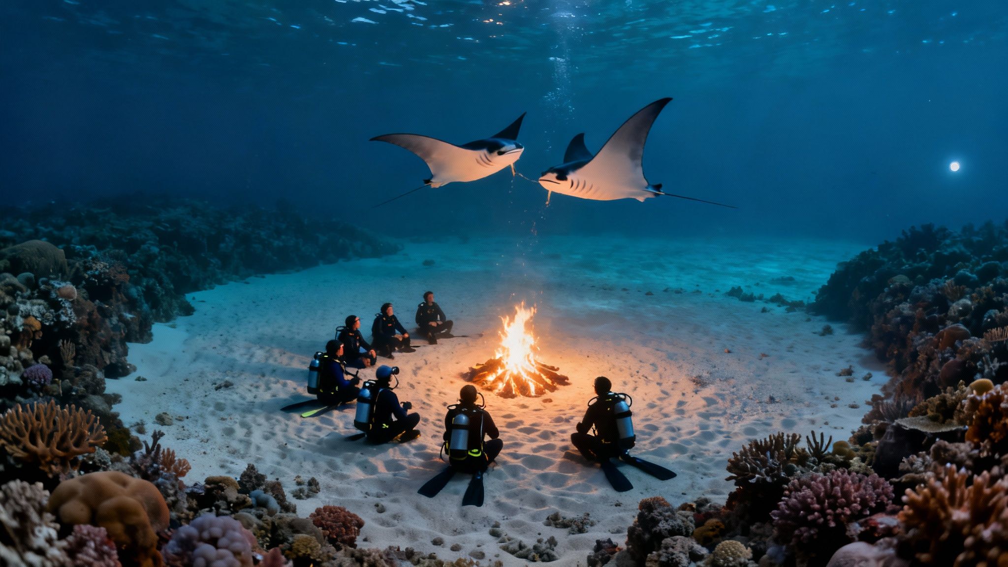 Scuba divers gather around an underwater campfire, watched by two majestic manta rays.