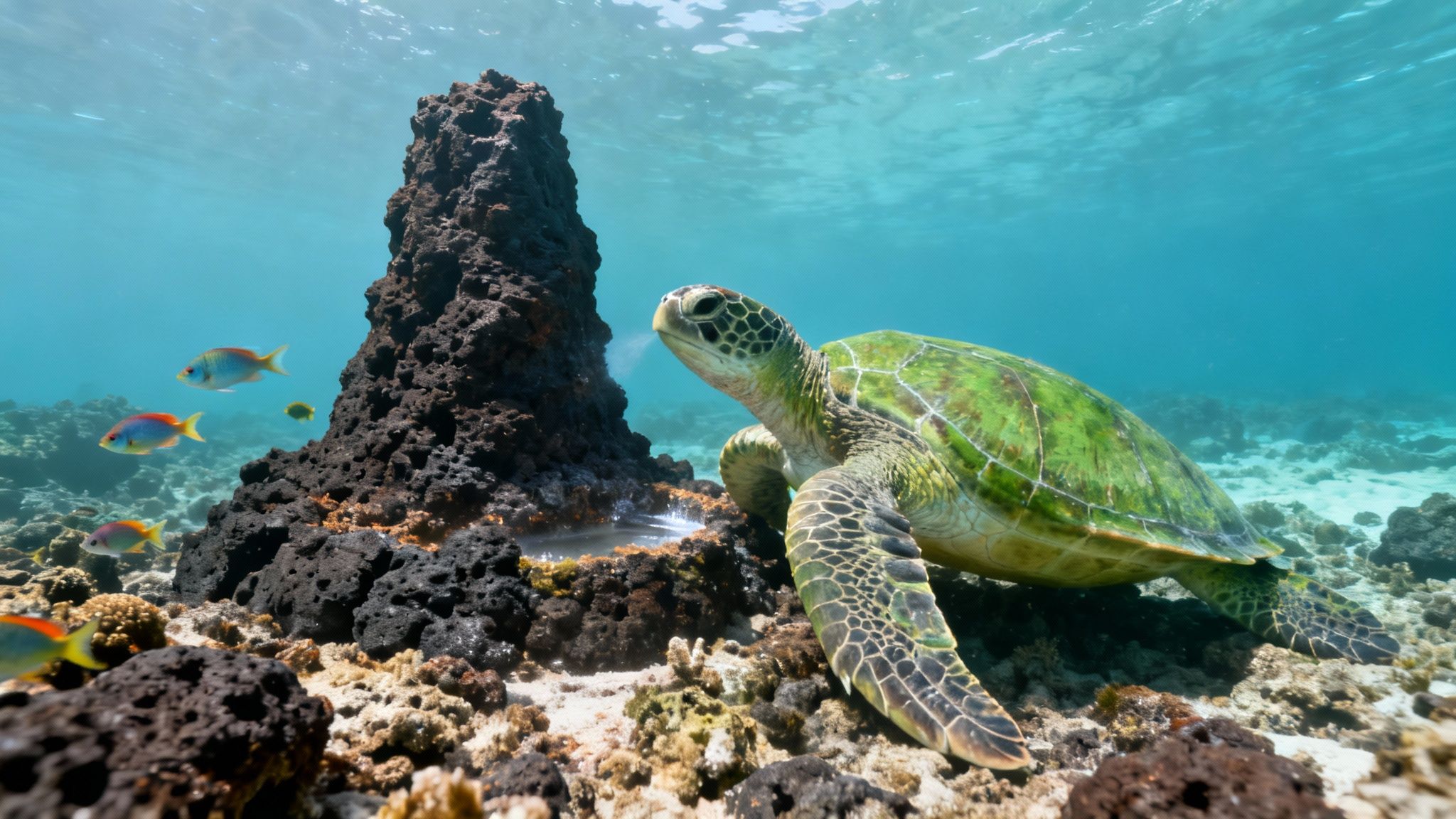 Green sea turtle breathing bubbles next to a volcanic rock with colorful fish underwater.