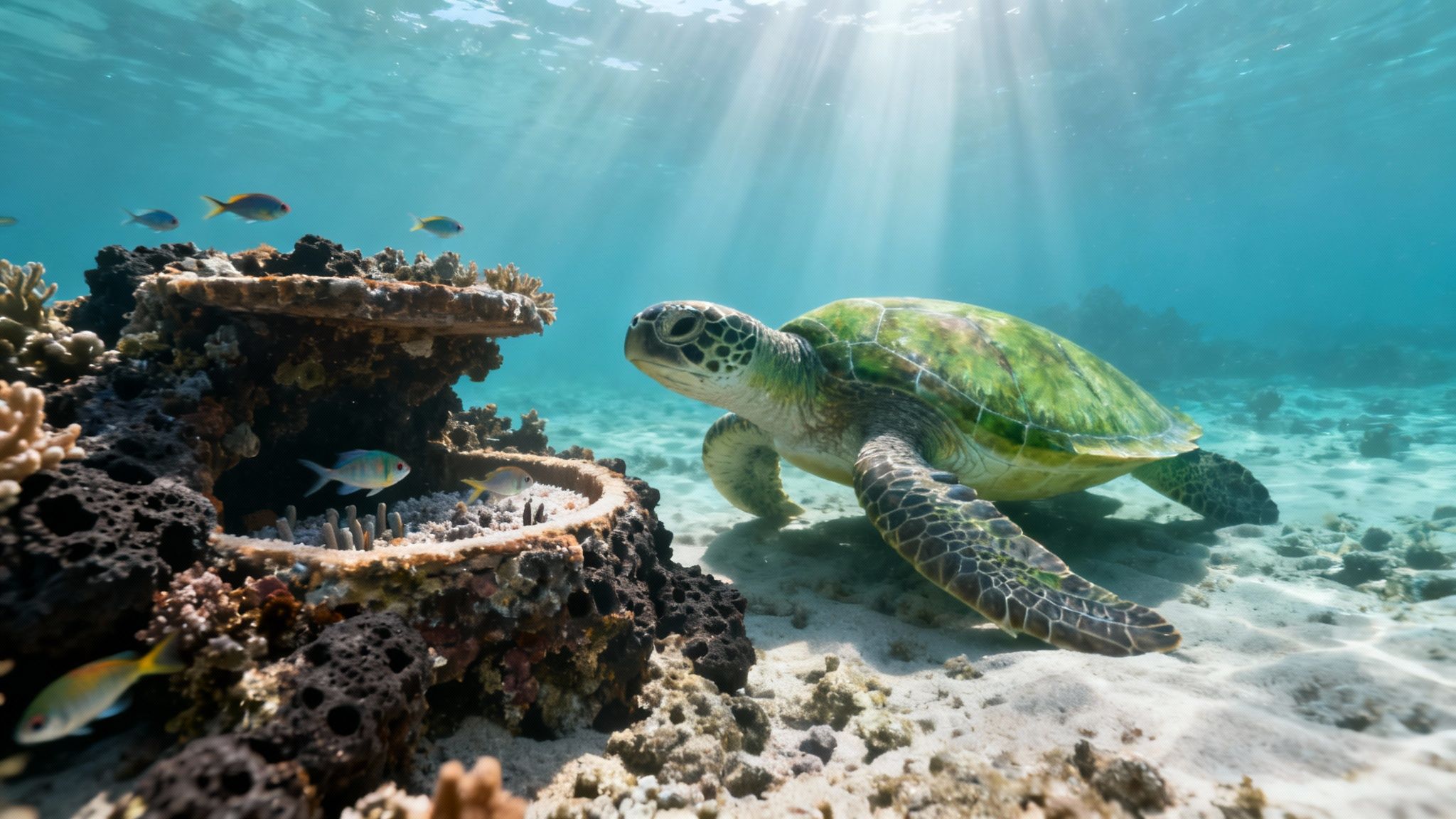 A large green sea turtle swims gracefully over a sandy ocean floor near colorful coral, with sunlight rays shining through clear blue water.