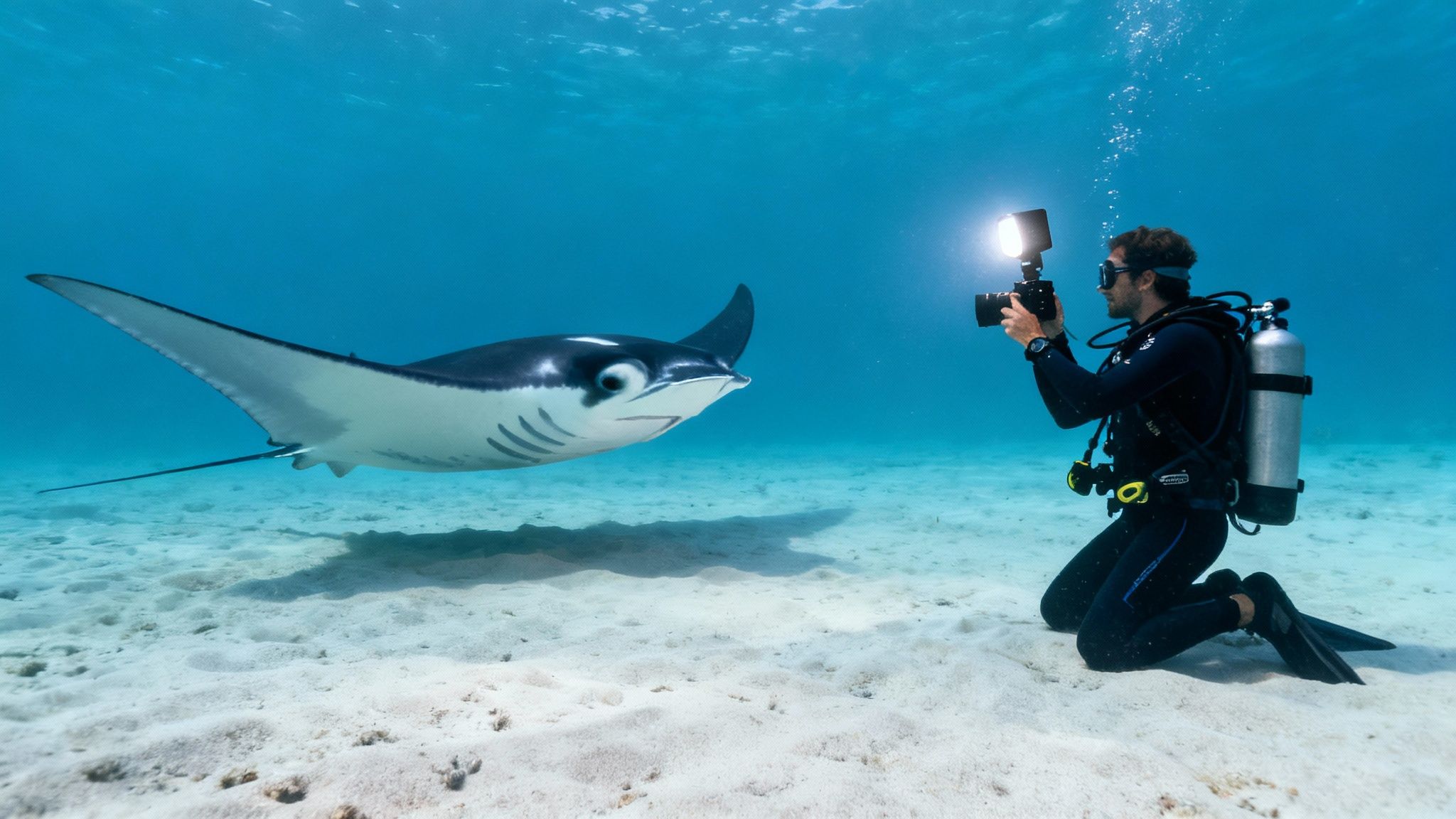 A diver kneels on the sandy seabed, photographing a majestic manta ray with a bright underwater flash.