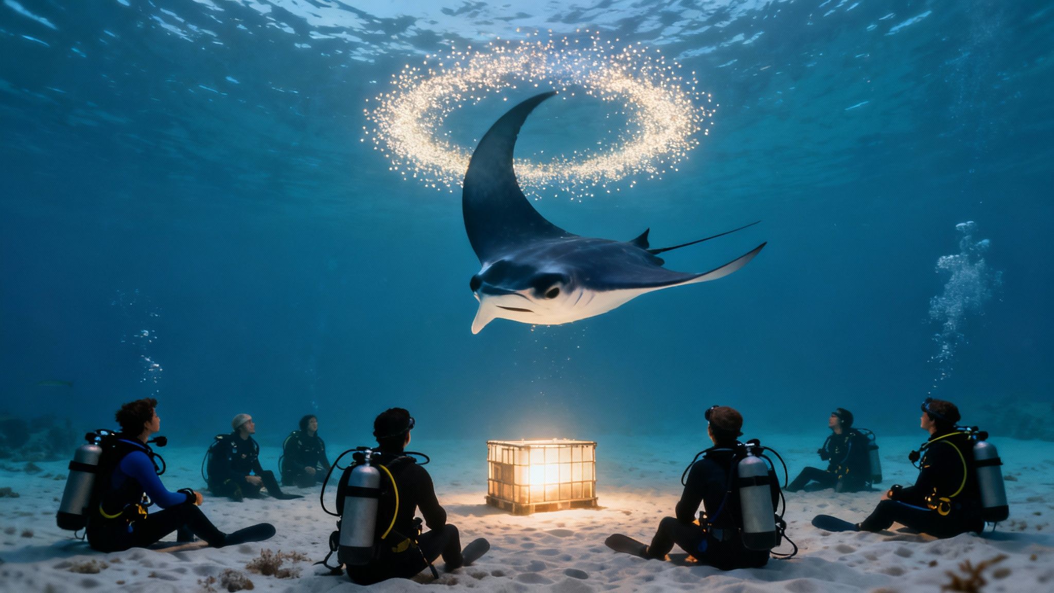 Scuba divers observe a manta ray swimming under a sparkling light ring above a glowing box.