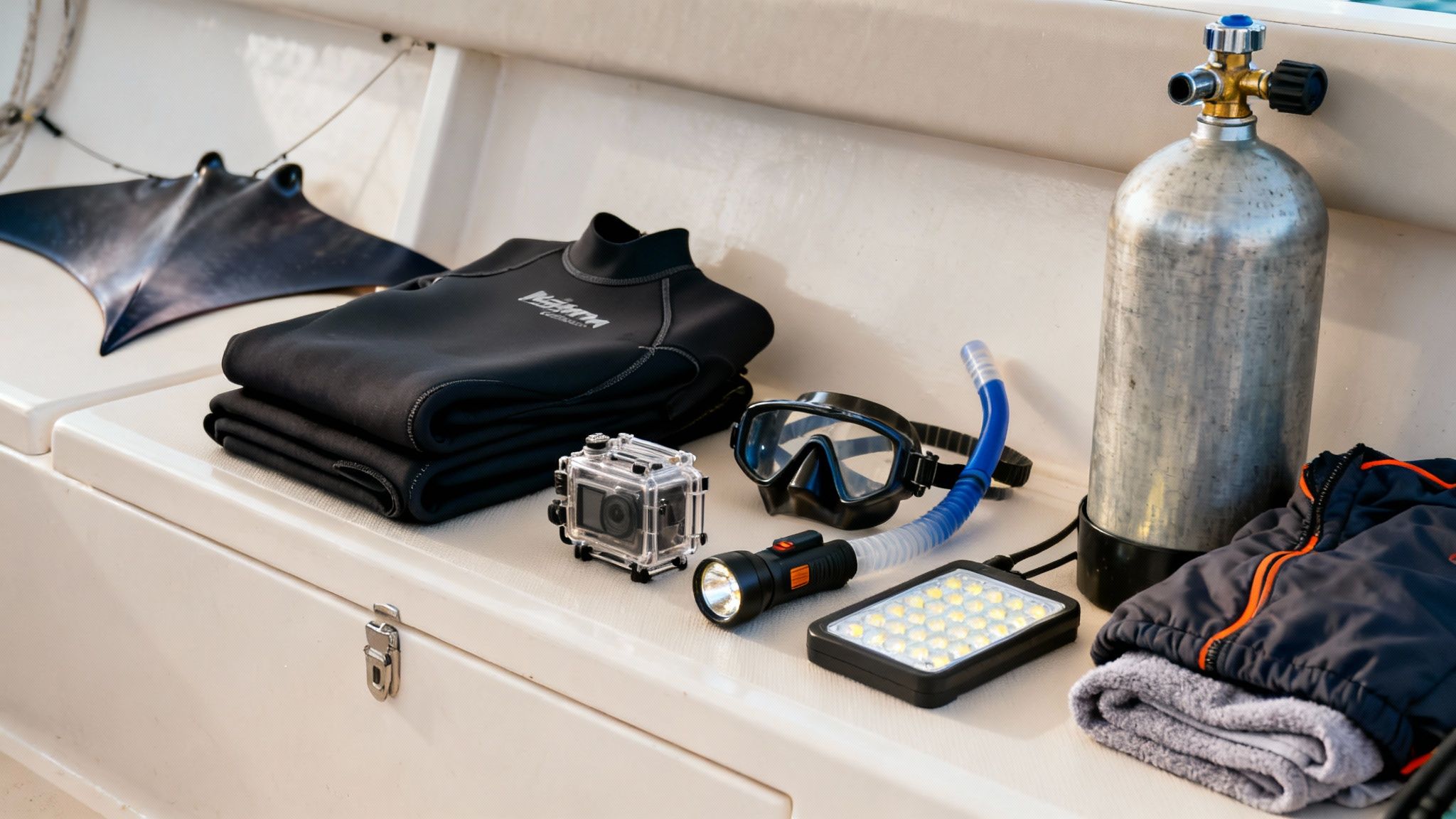 A collection of diving gear, including a wetsuit, mask, snorkel, camera, lights, and oxygen tank, laid out on a boat.