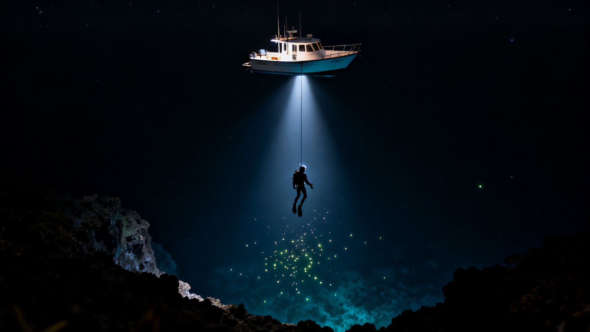 A diver is suspended by a rope from a boat, illuminated by a spotlight, above glowing marine life at night.