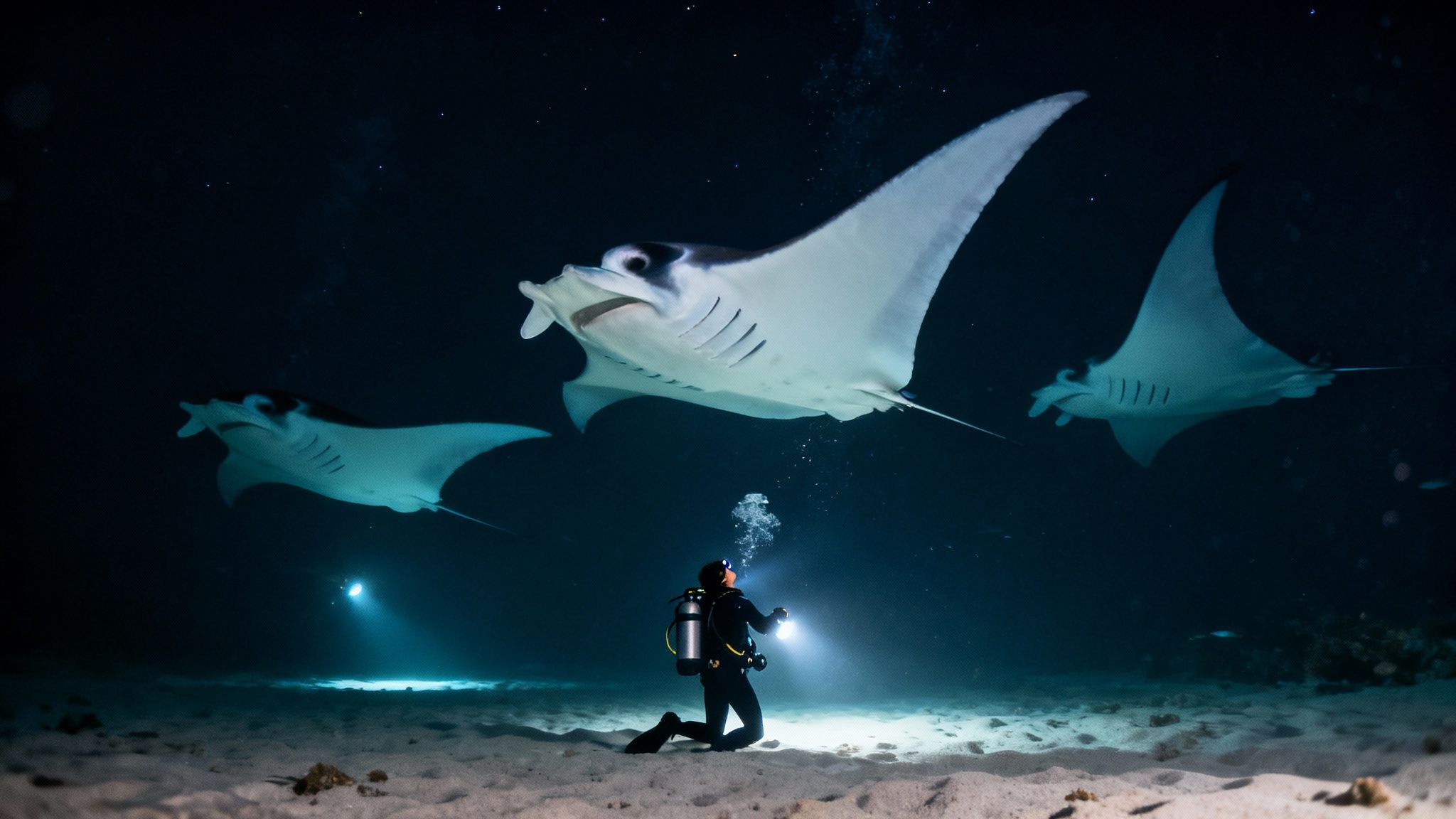 Divers watching manta rays during a night dive in Kona, Hawaii