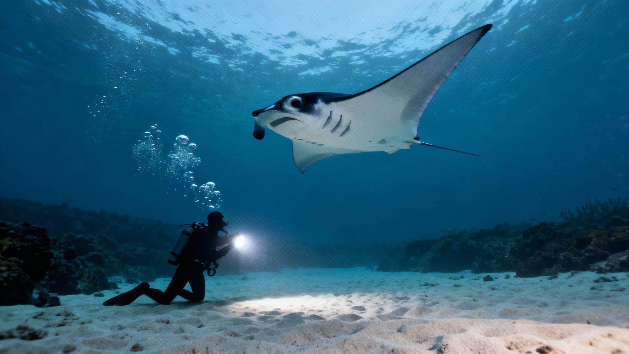 A diver illuminates a majestic manta ray with a flashlight on a sandy ocean floor.