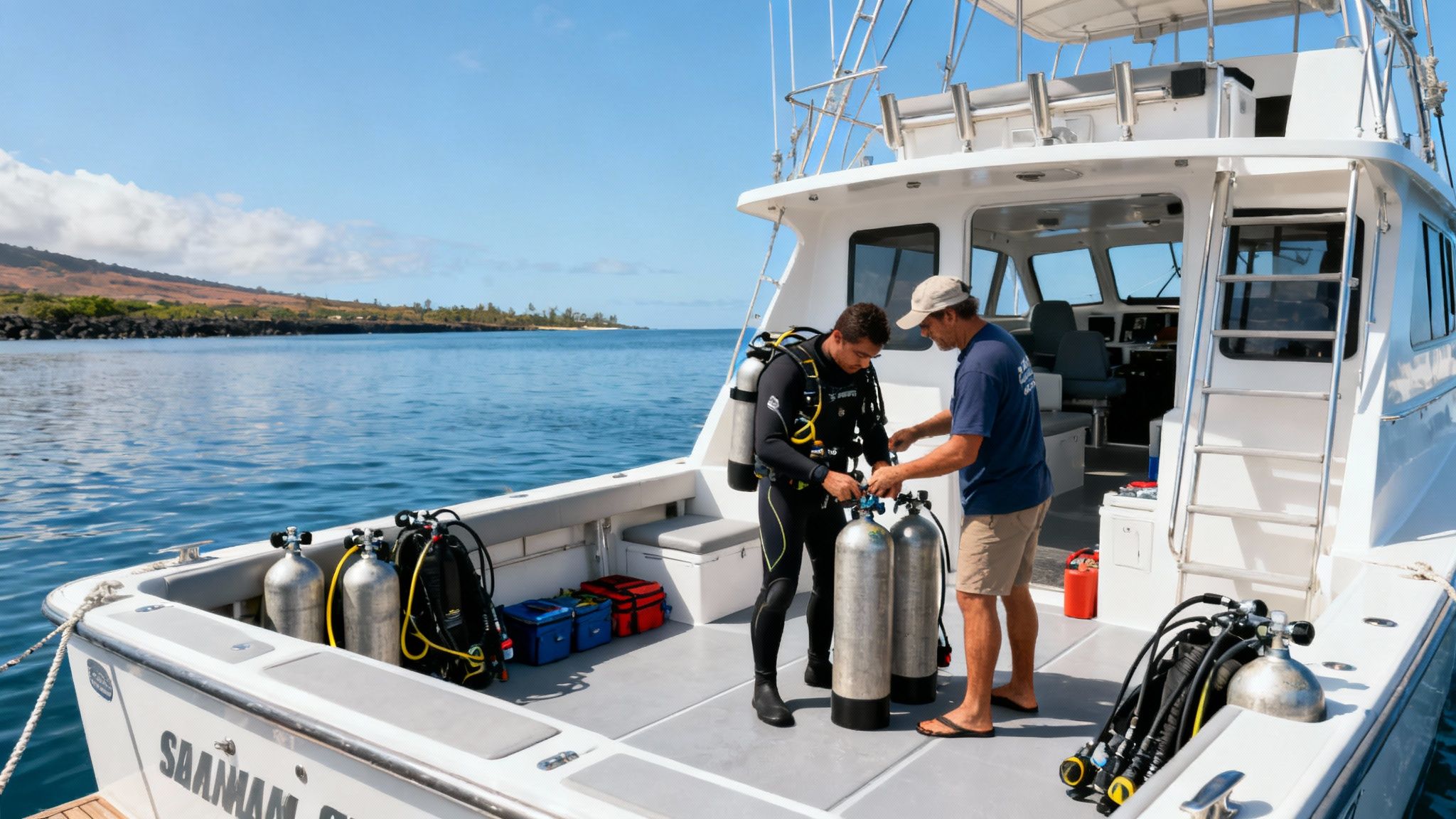 Two men on a boat preparing scuba diving tanks and gear with a scenic coastline.