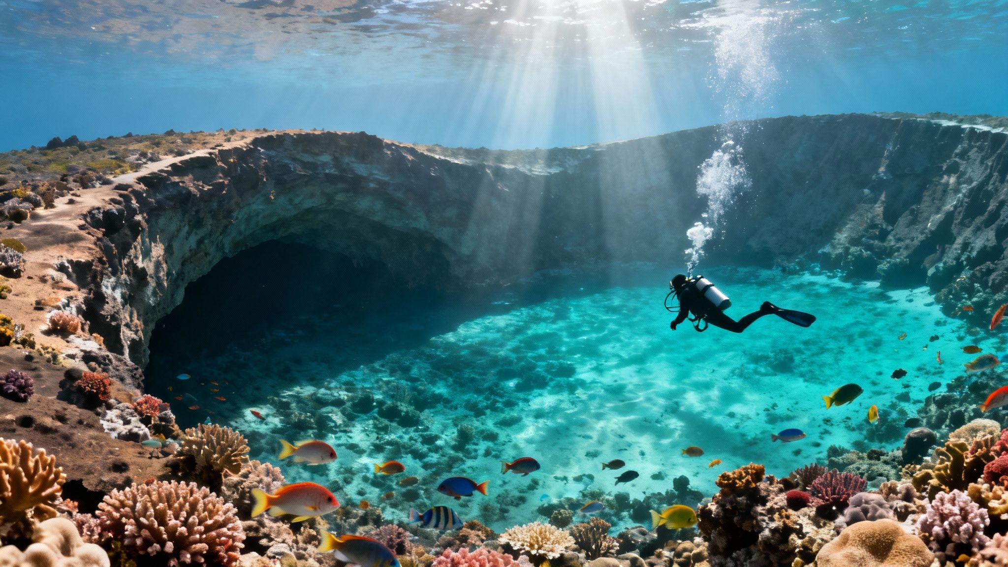 A scuba diver explores the Molokini Crater in Maui, Hawaii.