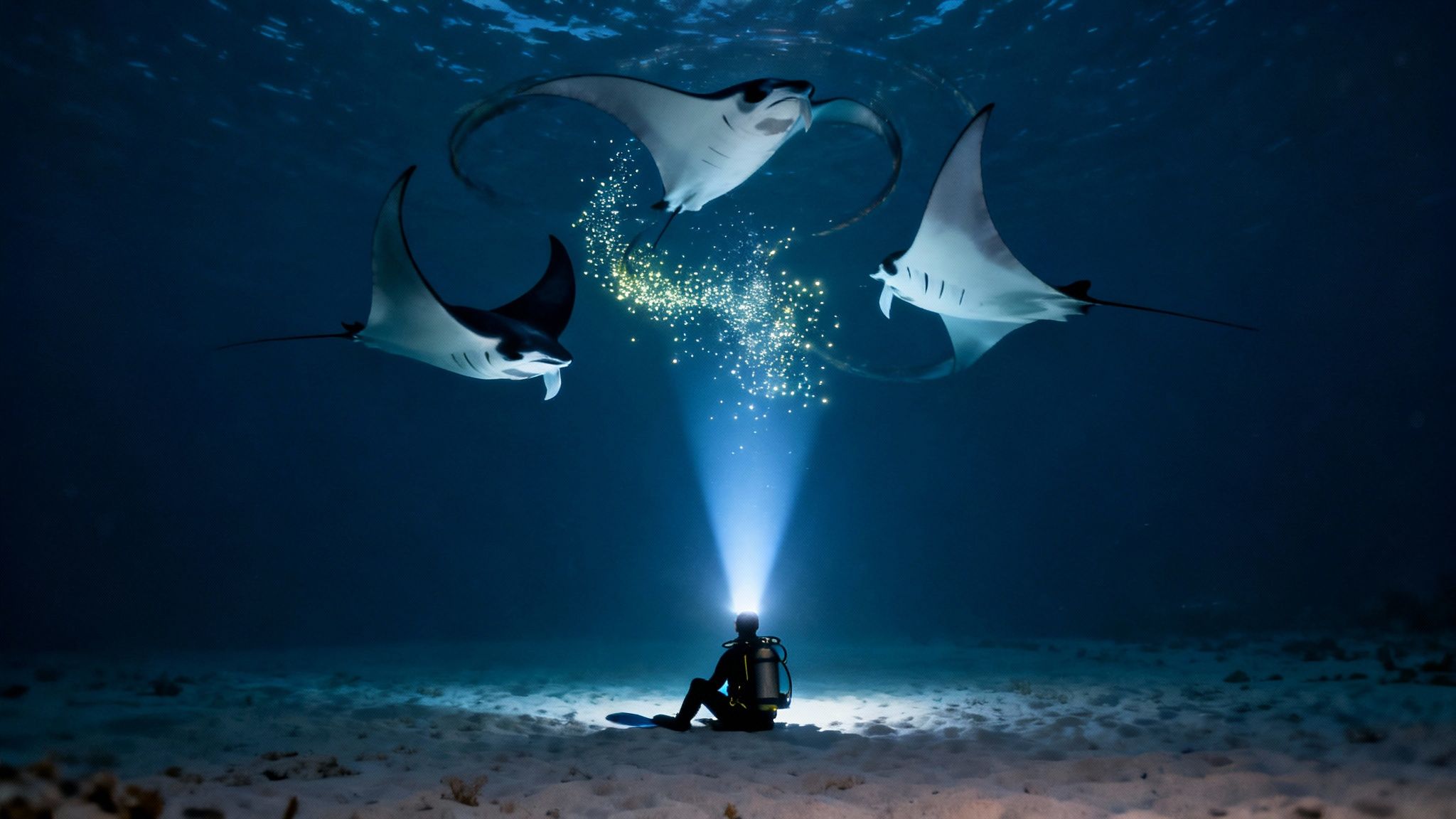 A diver sits on the ocean floor, shining a light at three majestic manta rays.