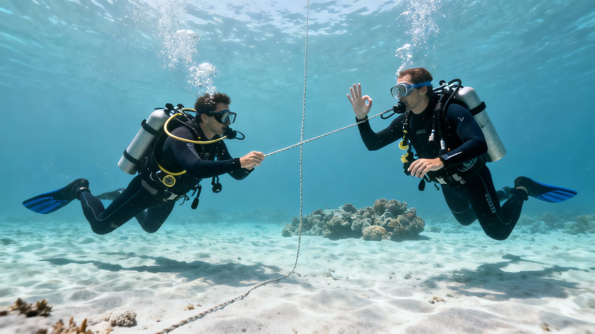 Two scuba divers underwater, one holding a rope, the other giving an 'OK' sign.