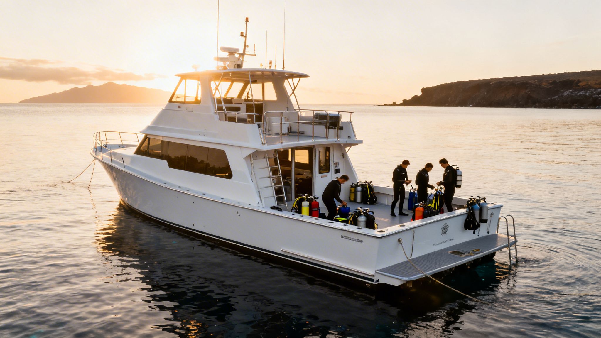 A large white dive boat with divers gearing up for a sunset dive near a distant island.