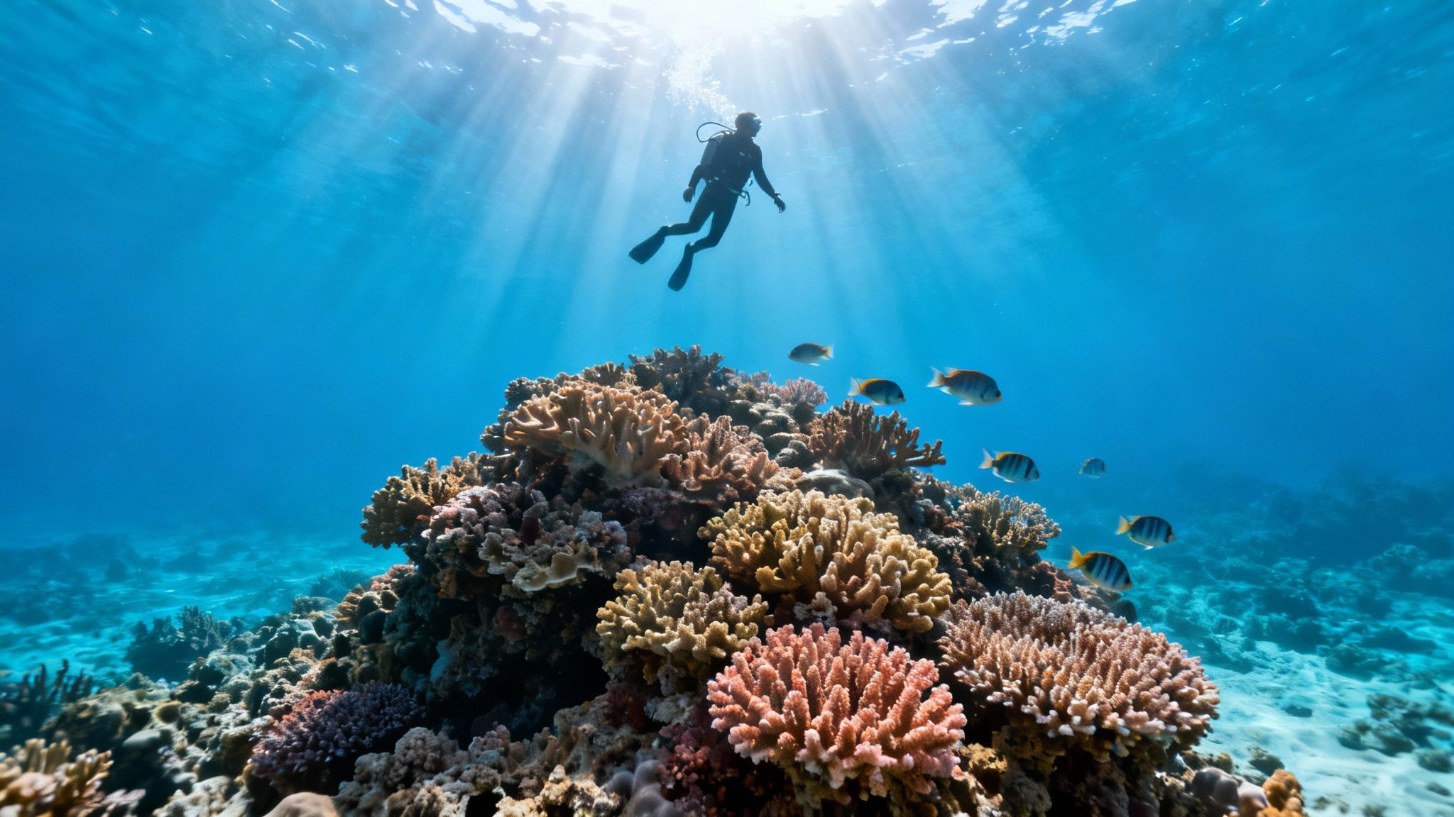 A scuba diver explores a vibrant coral reef filled with colorful fish under sunlit clear blue water.