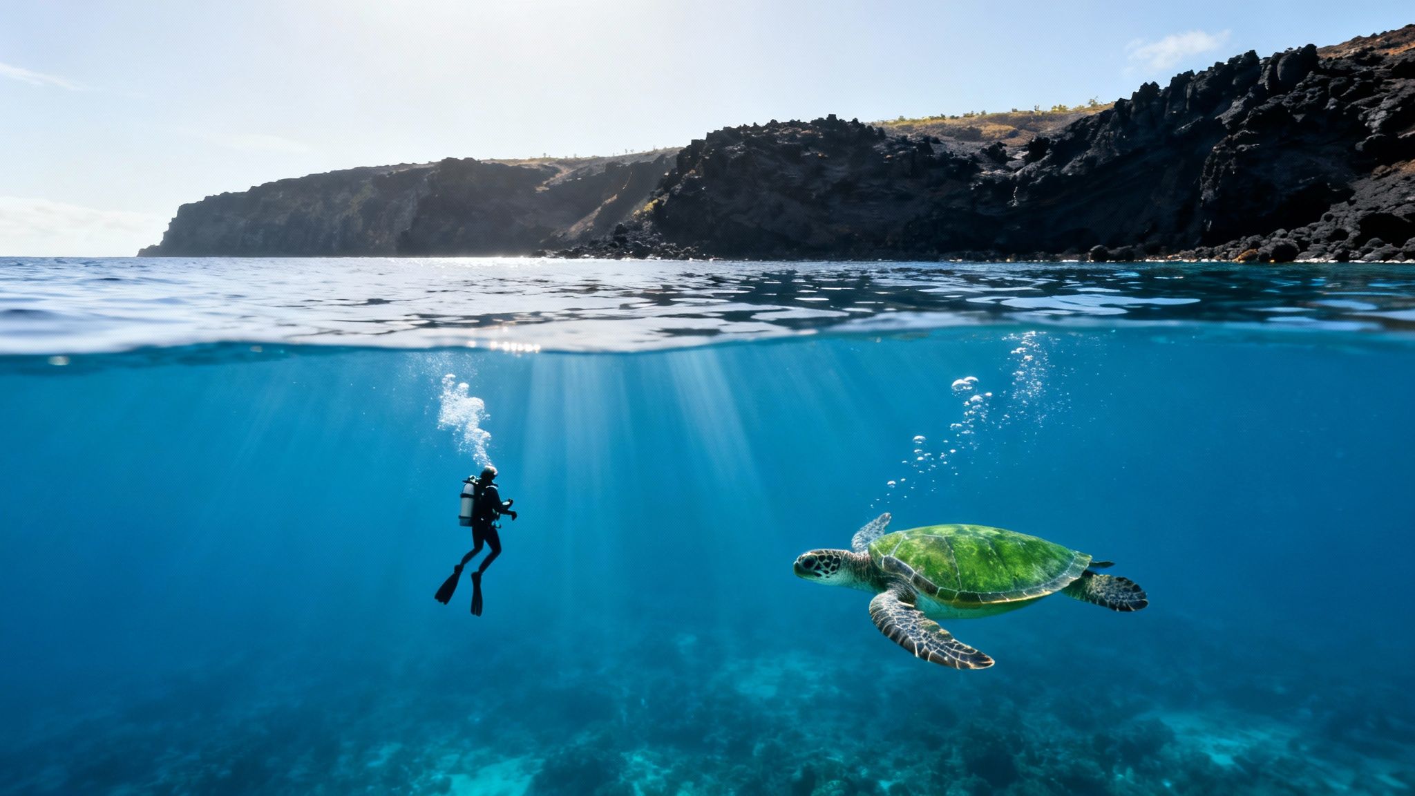 A captivating split-level shot of a scuba diver and a green sea turtle swimming underwater, with a rocky coastline under a bright sky.