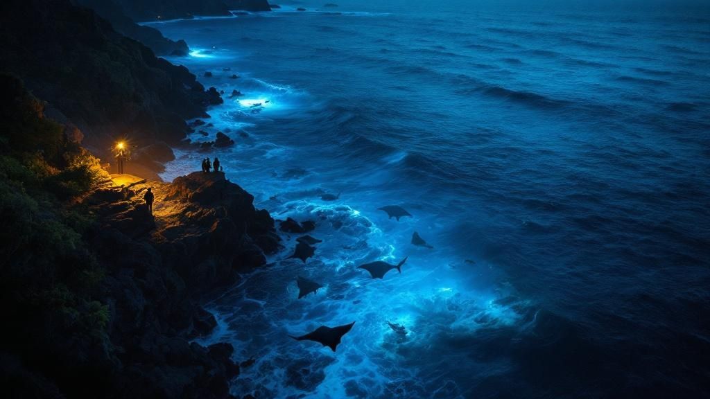 Two manta rays gracefully gliding in the dark ocean water, illuminated by dive lights