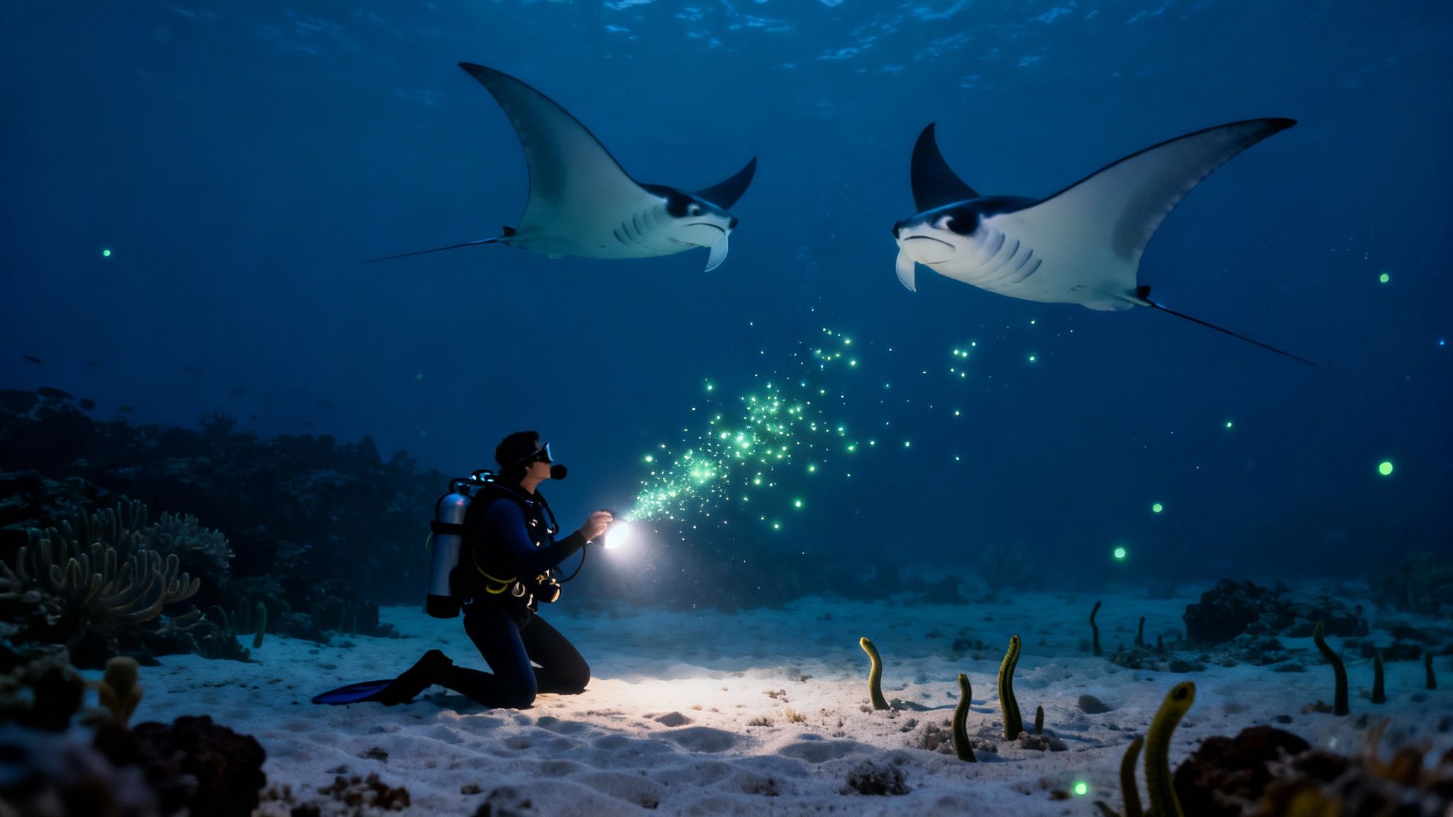 A diver illuminates bioluminescent plankton, attracting two graceful manta rays in the deep ocean.
