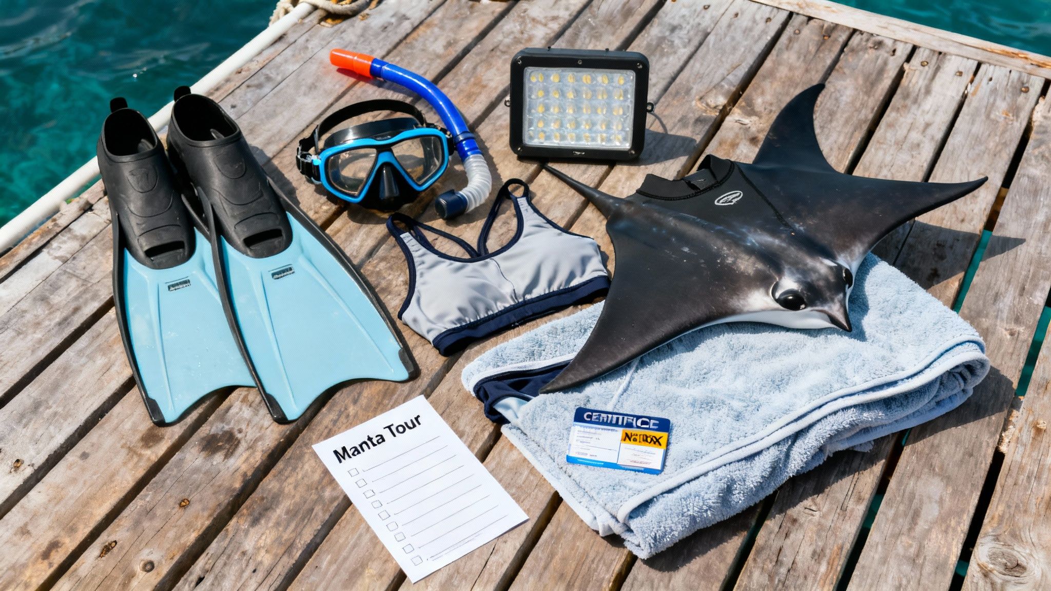Snorkeling and diving gear for a manta ray tour, including fins, mask, snorkel, and wetsuit, on a dock.