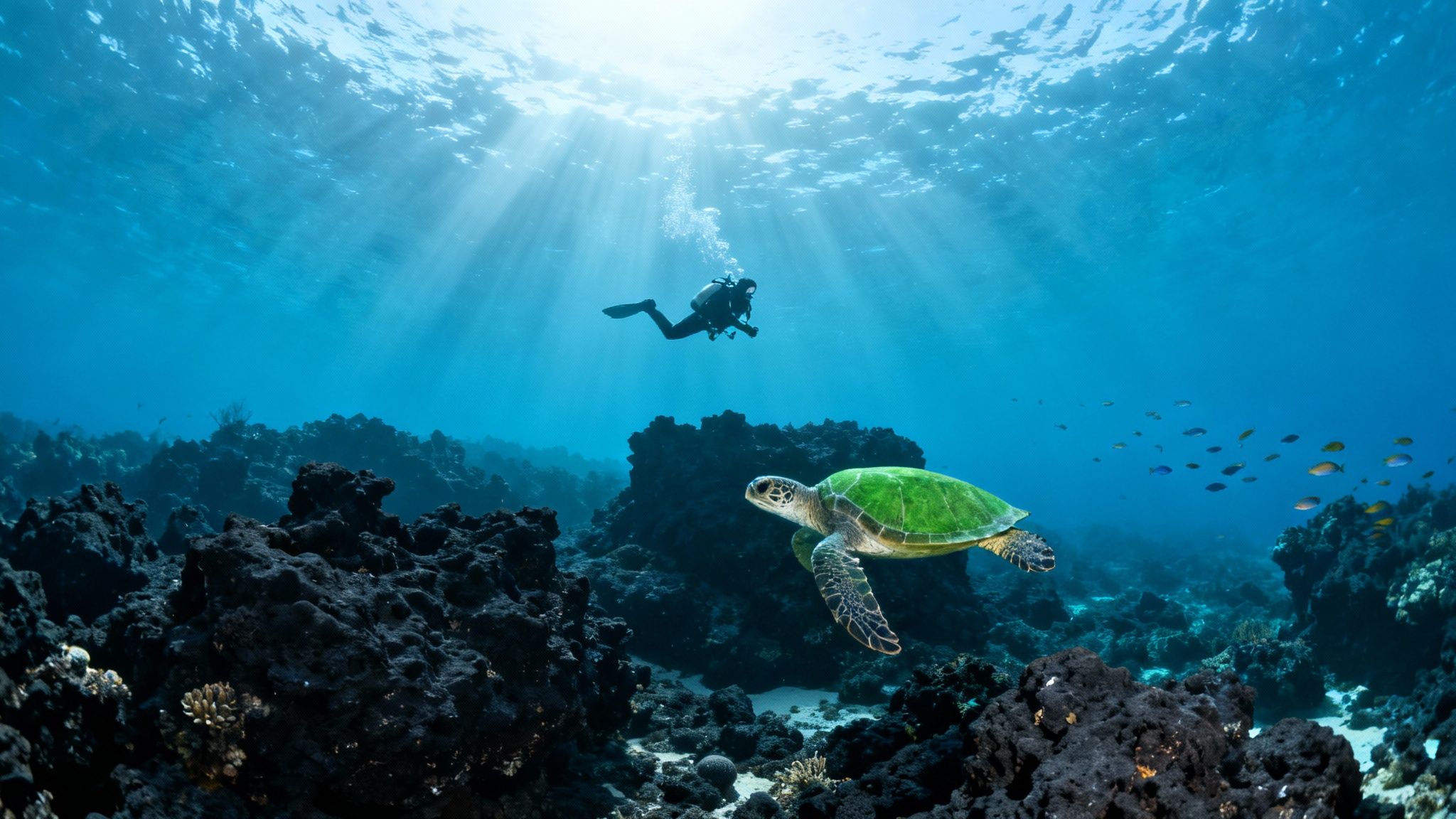 Scuba diver exploring volcanic reef