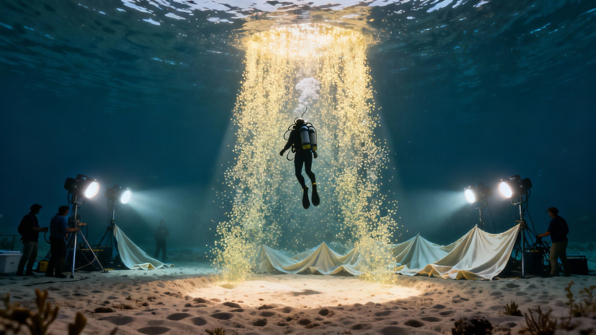 An underwater film set with a diver suspended in a golden column of light, surrounded by crew and equipment.
