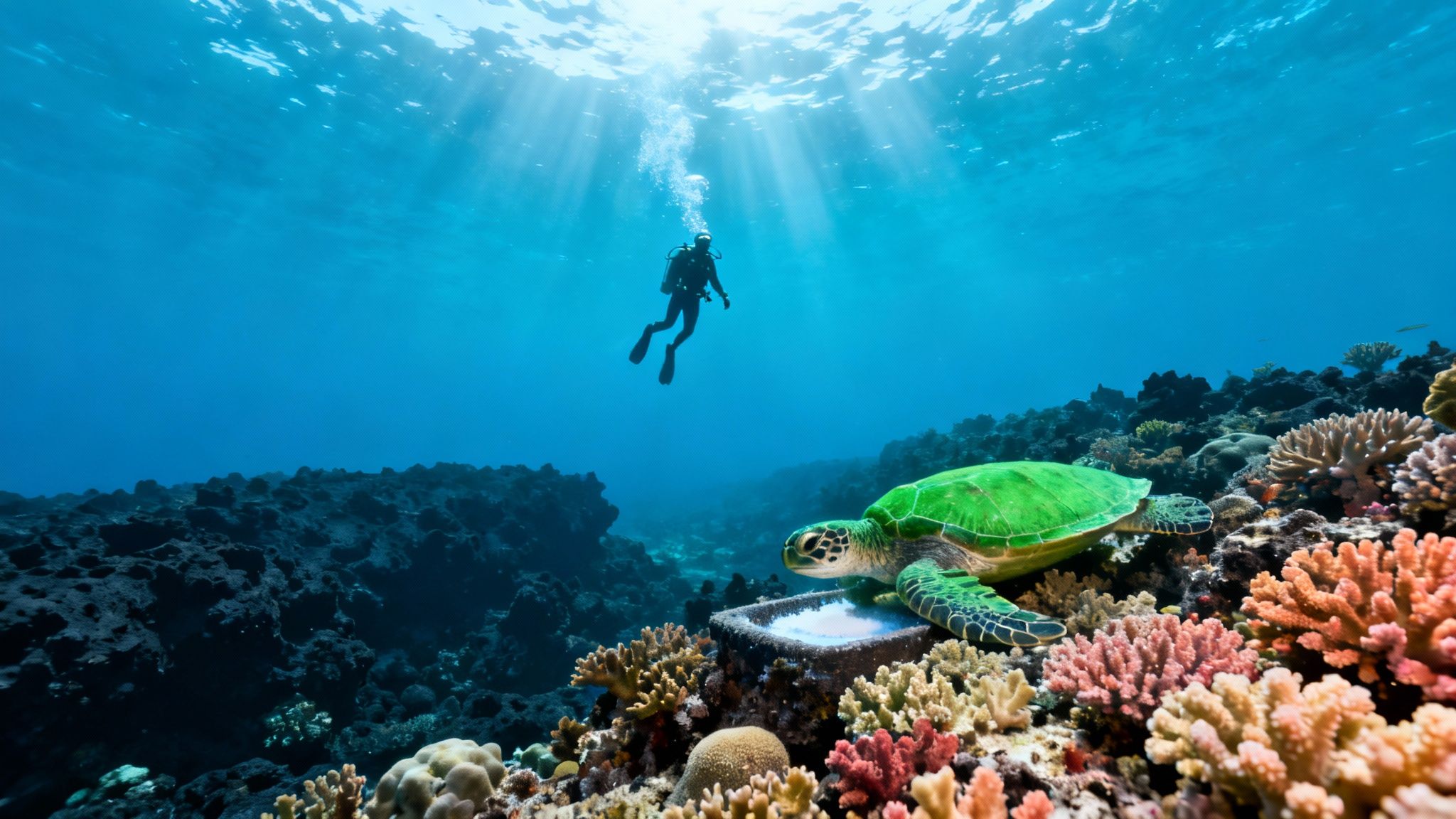 Scuba diver exploring a vibrant coral reef on the Big Island.