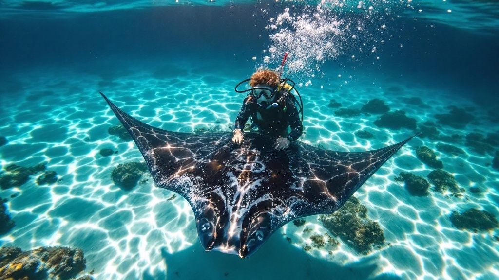 A scuba diver on the ocean floor looks up as a giant manta ray glides gracefully overhead, illuminated by dive lights.
