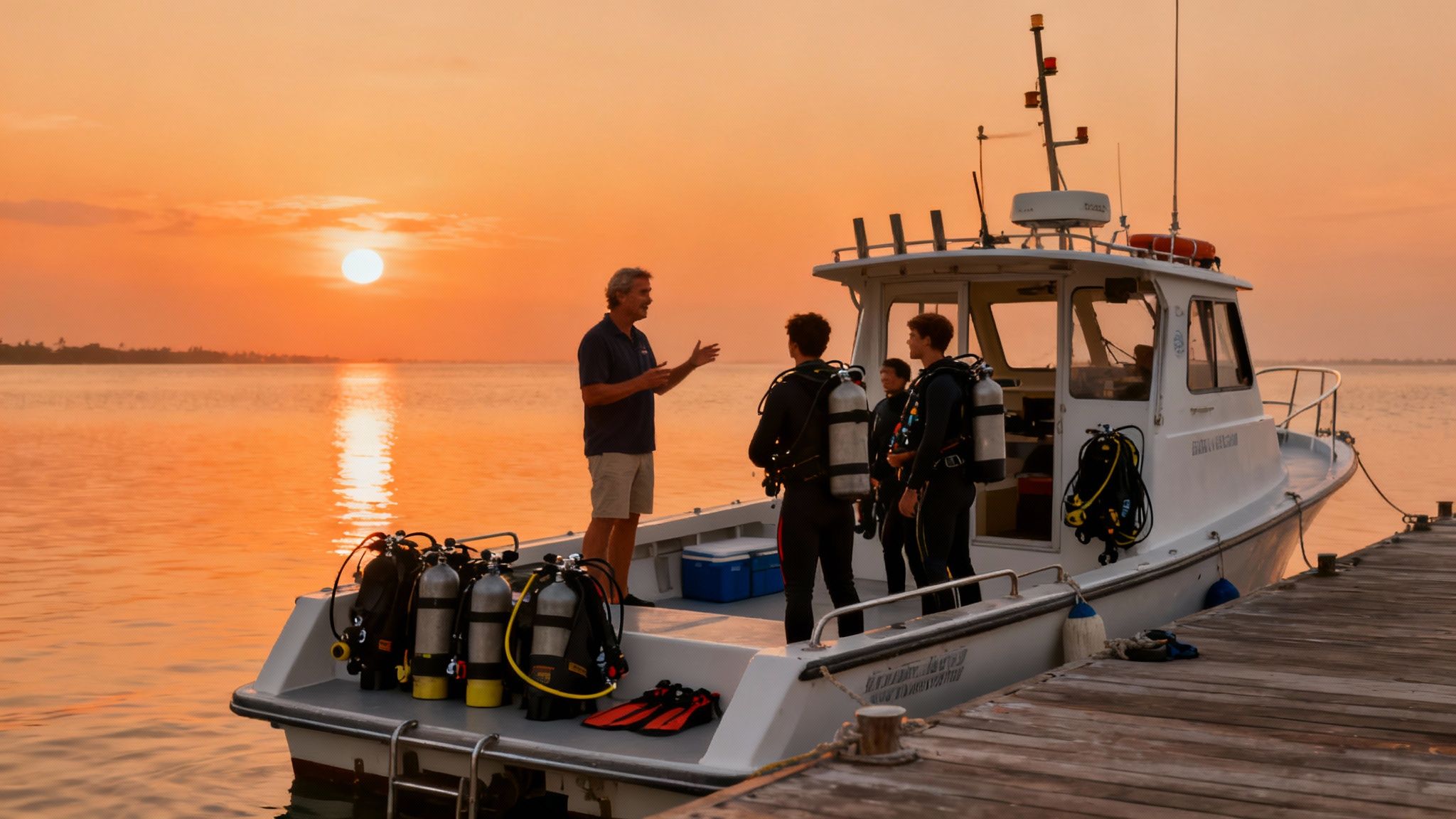 A group of scuba divers underwater at night, shining their lights up at a massive manta ray swimming overhead.