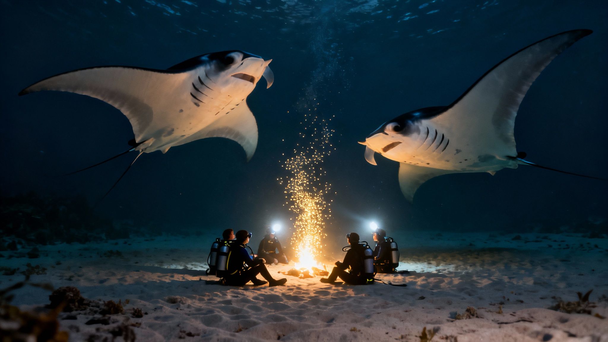 Scuba divers gathered around an artificial campfire underwater, with two majestic manta rays swimming above them.