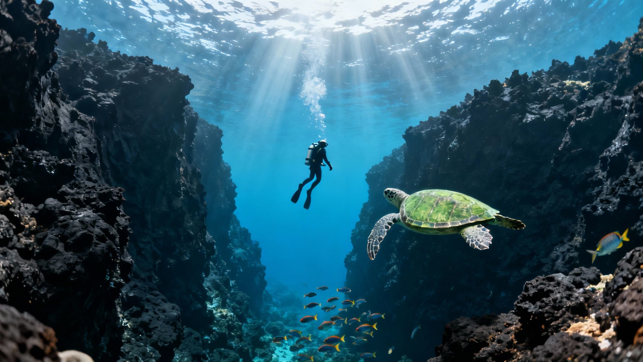 A scuba diver explores a vibrant underwater channel with a sea turtle, sunbeams, and schools of fish.