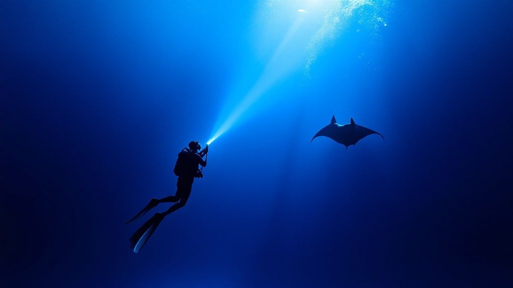 Divers exploring a sunlit coral reef in calm, clear blue water in Kona.