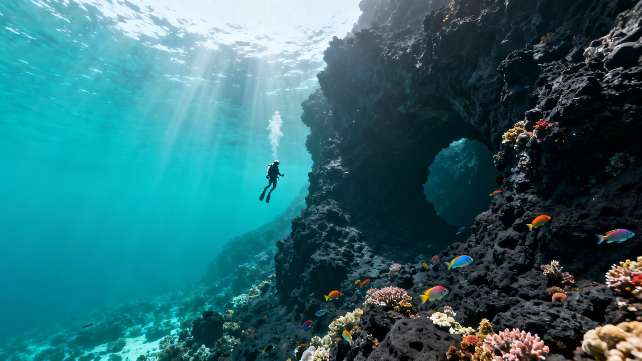 A scuba diver explores an underwater cave adorned with colorful coral and fish, illuminated by sunbeams.