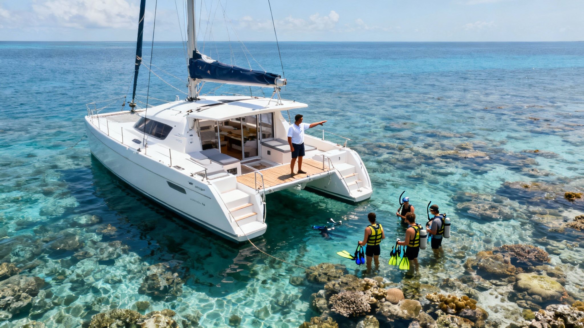 A man points from a white catamaran to snorkelers in clear turquoise water over coral reefs.