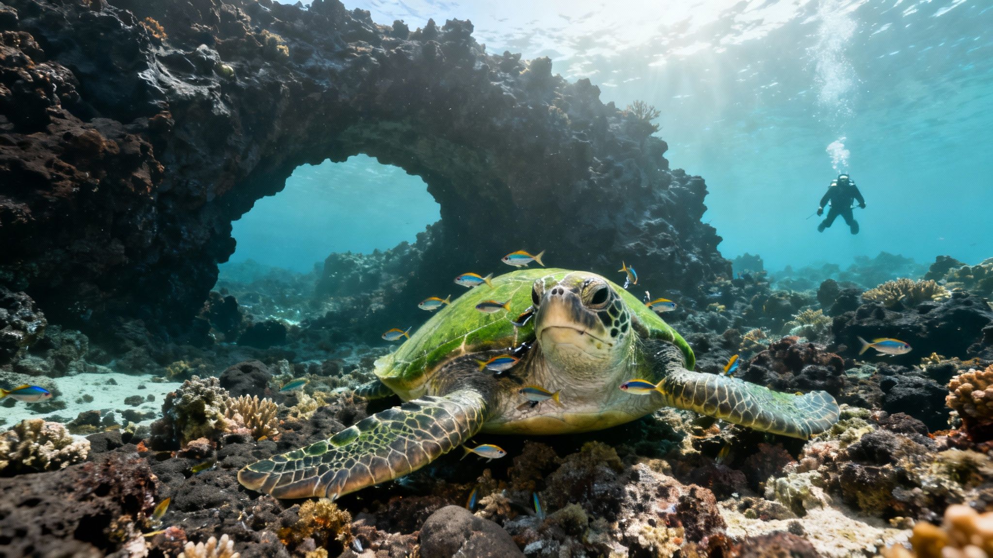 A vibrant underwater scene with a green sea turtle surrounded by fish, a rock arch, and a diver.
