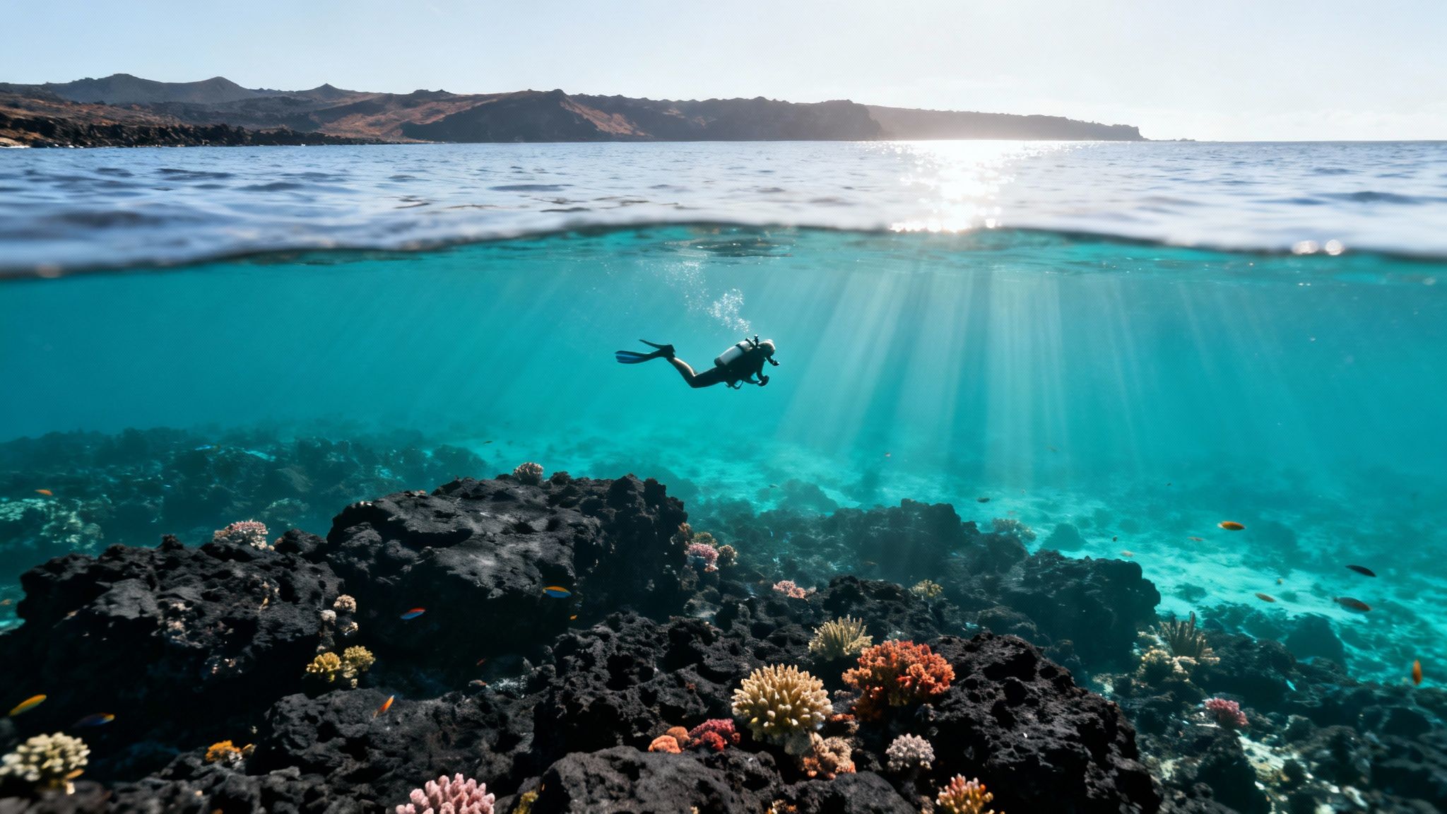 A diver explores vibrant coral reefs in clear turquoise water, with an island visible above.