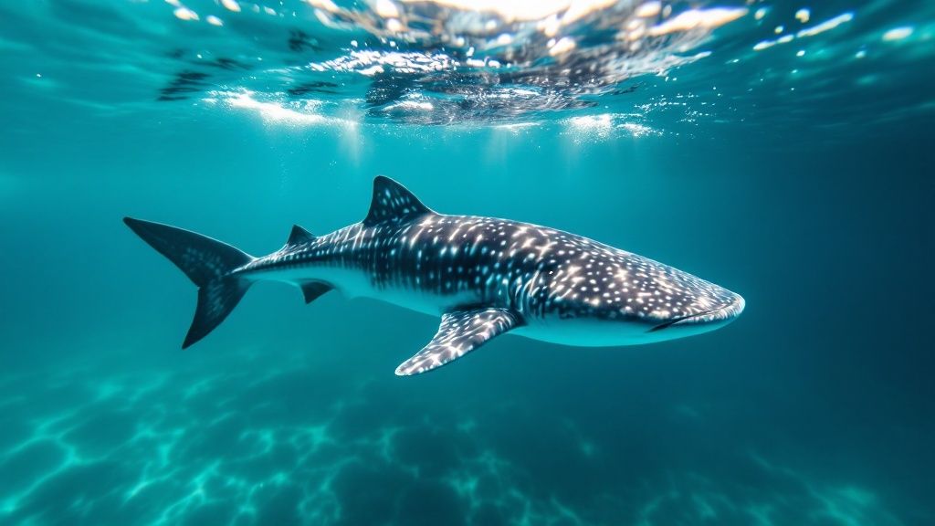 A large whale shark swims gracefully in the deep blue ocean, its spotted pattern clearly visible.