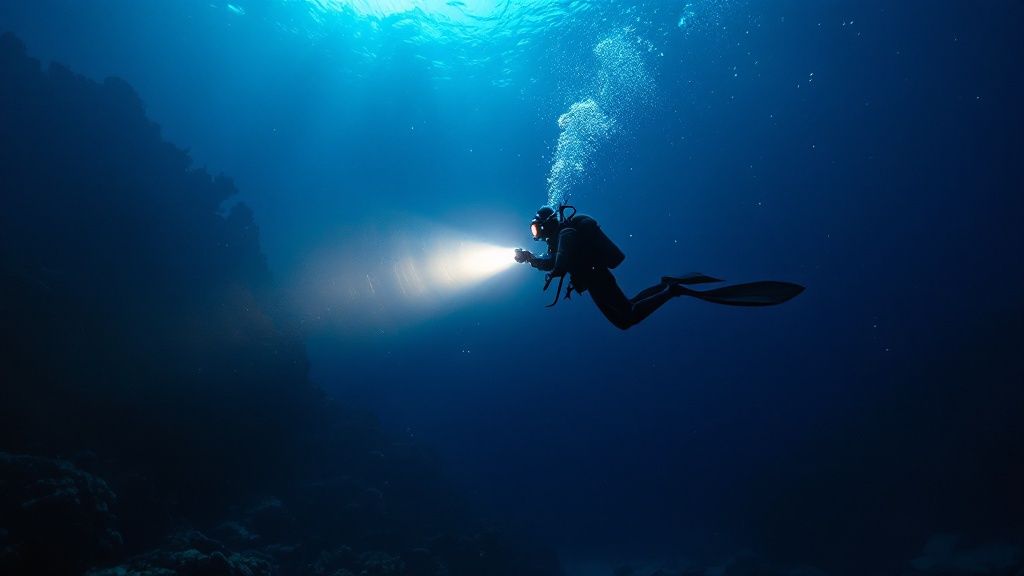 A group of scuba divers on the ocean floor watching several manta rays swim above them at night.
