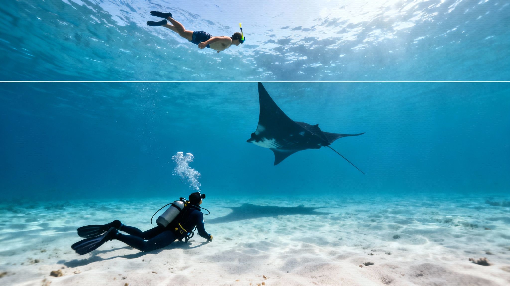 A group of snorkelers floating on the surface watching a large manta ray swim just below them.