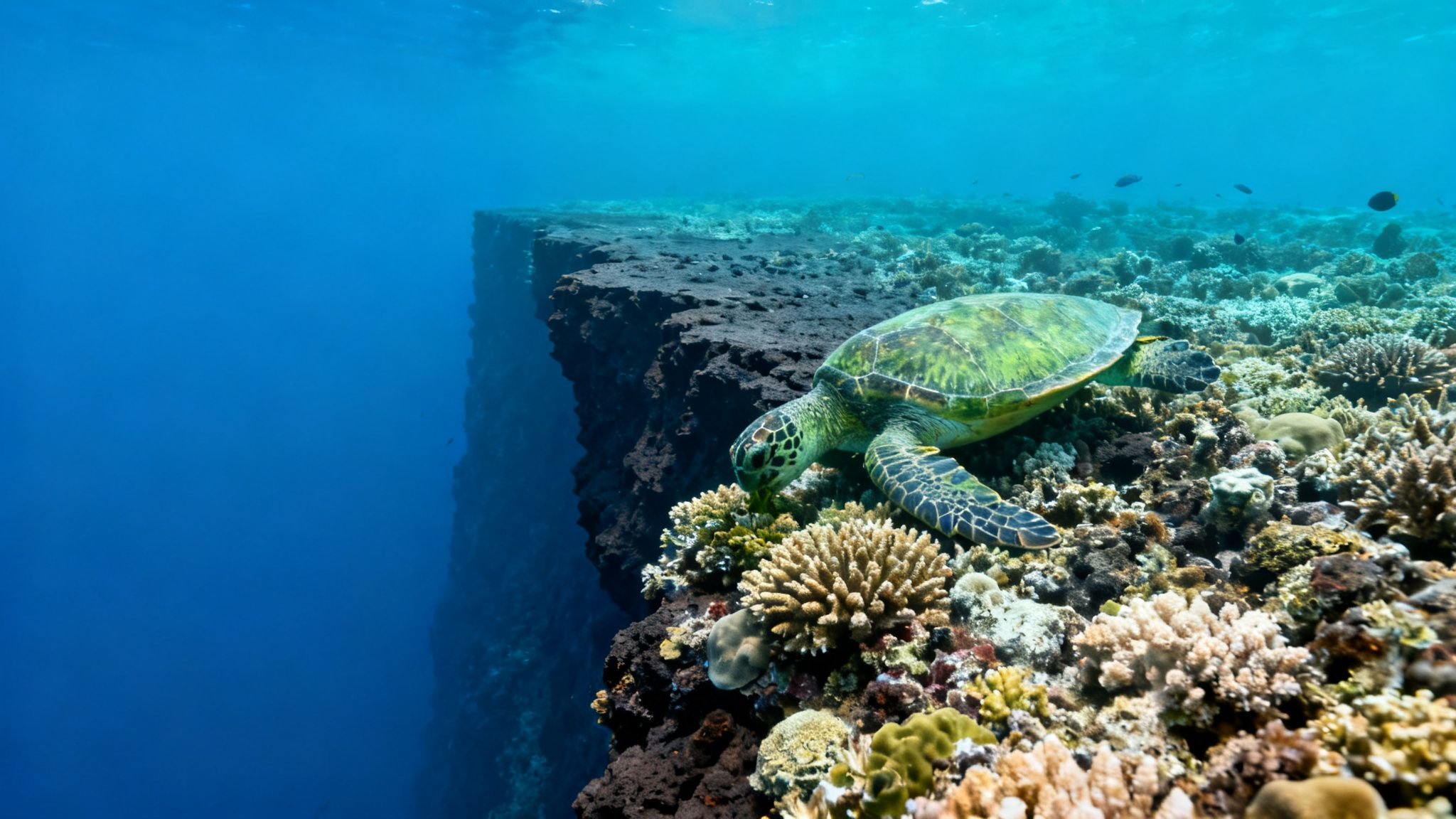 A green sea turtle feeds on vibrant coral next to a dramatic underwater cliff.
