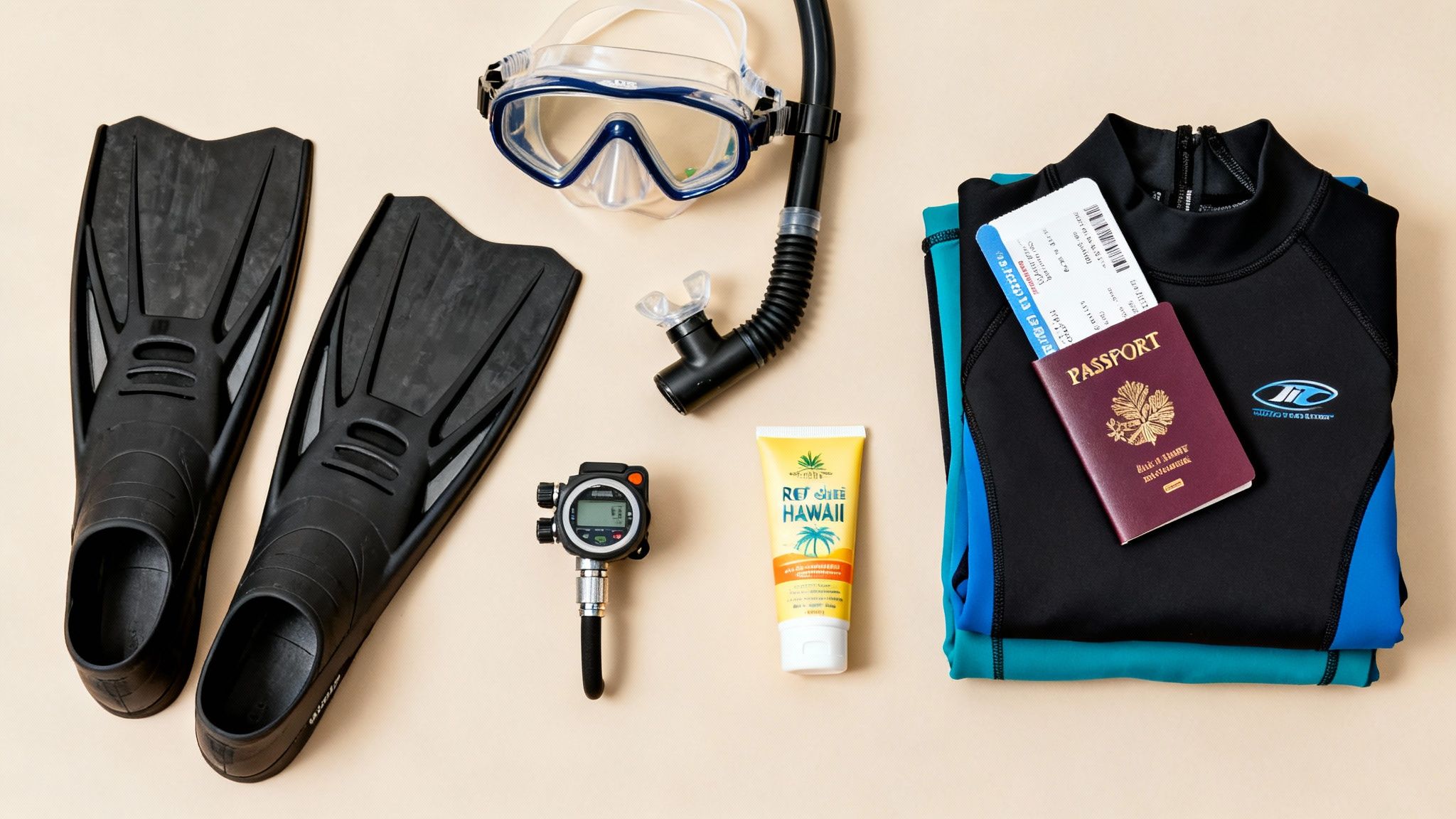 Flat lay of scuba diving and snorkeling essentials: fins, mask, snorkel, wetsuit, sunscreen, passport, and boarding pass.
