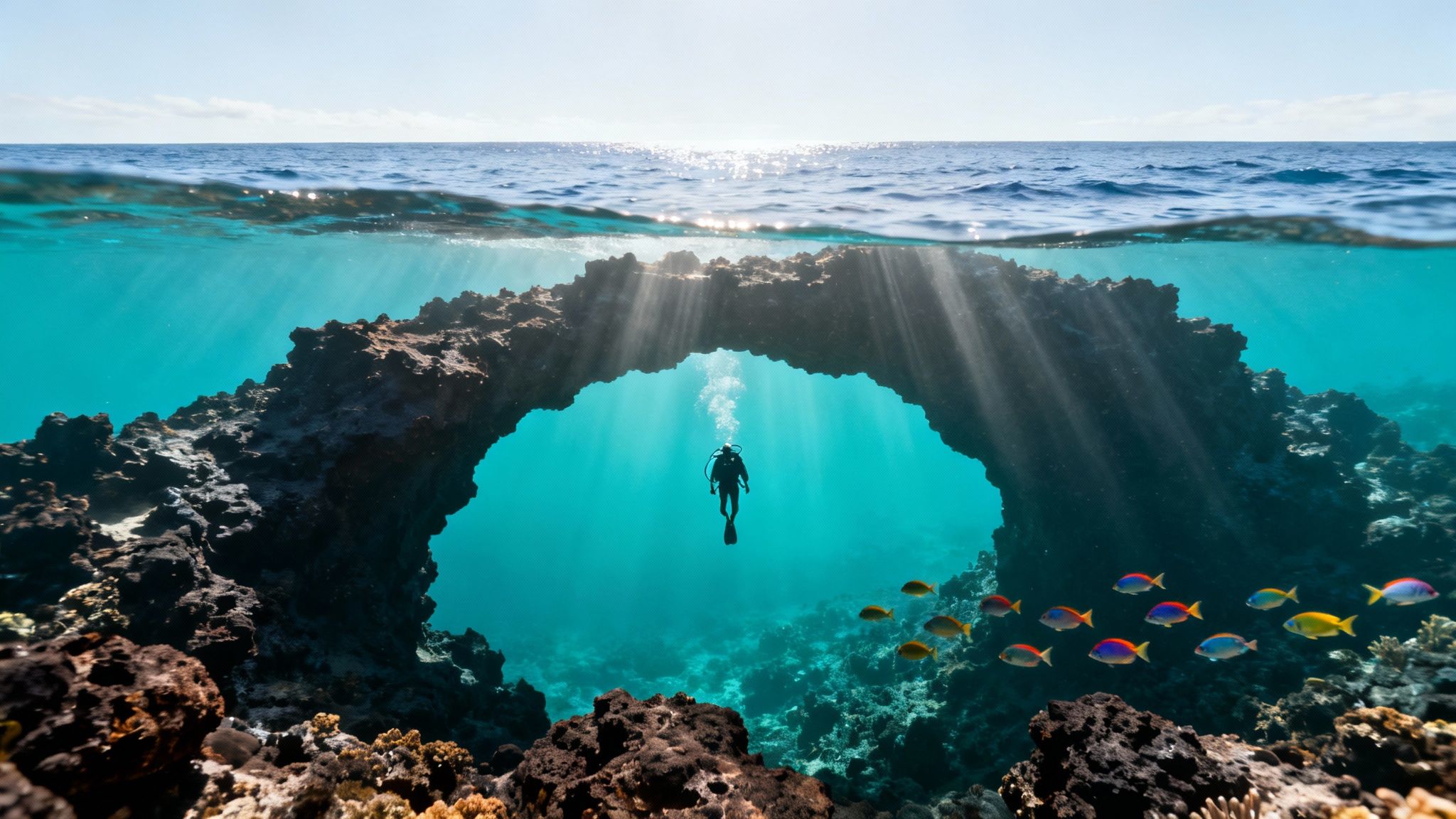 A scuba diver swims next to a large sea turtle over a coral reef in Hawaii