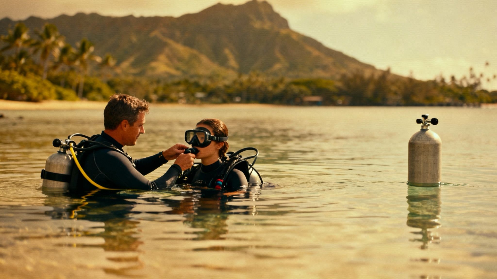 A man helps a woman in scuba gear prepare for diving in clear tropical waters.