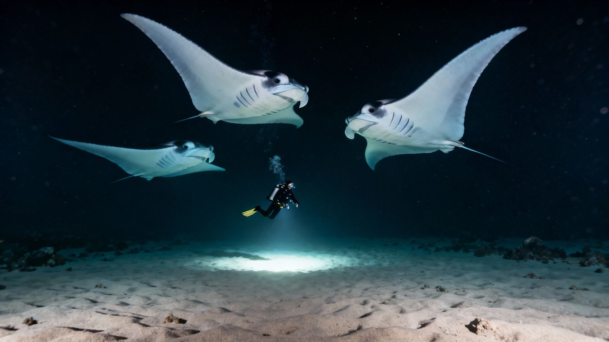 Giant manta ray gracefully swimming at night in Kona, Hawaii