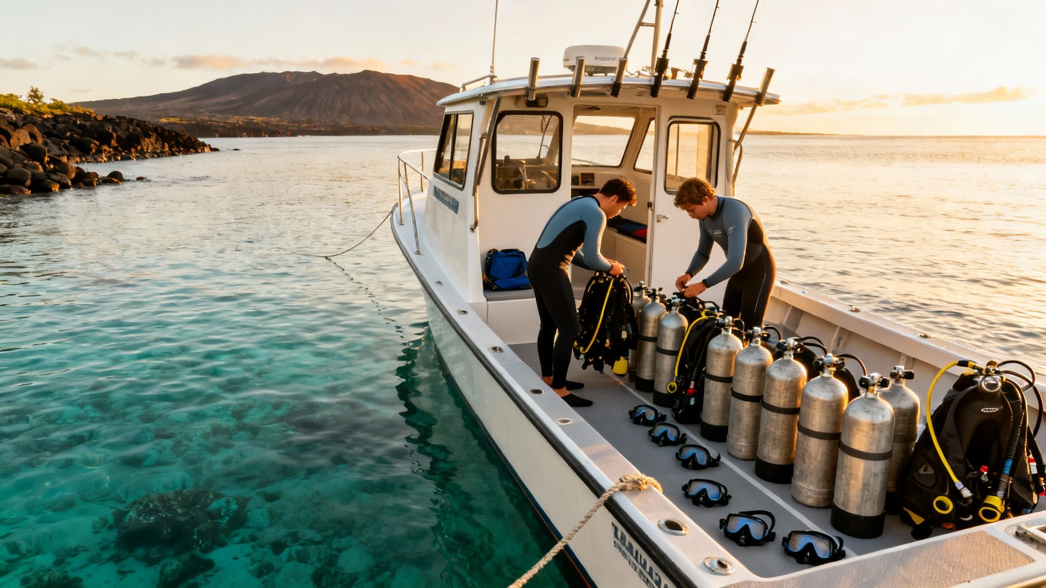Two divers prepare scuba gear on a boat at sunset in clear turquoise water near a rocky coast.