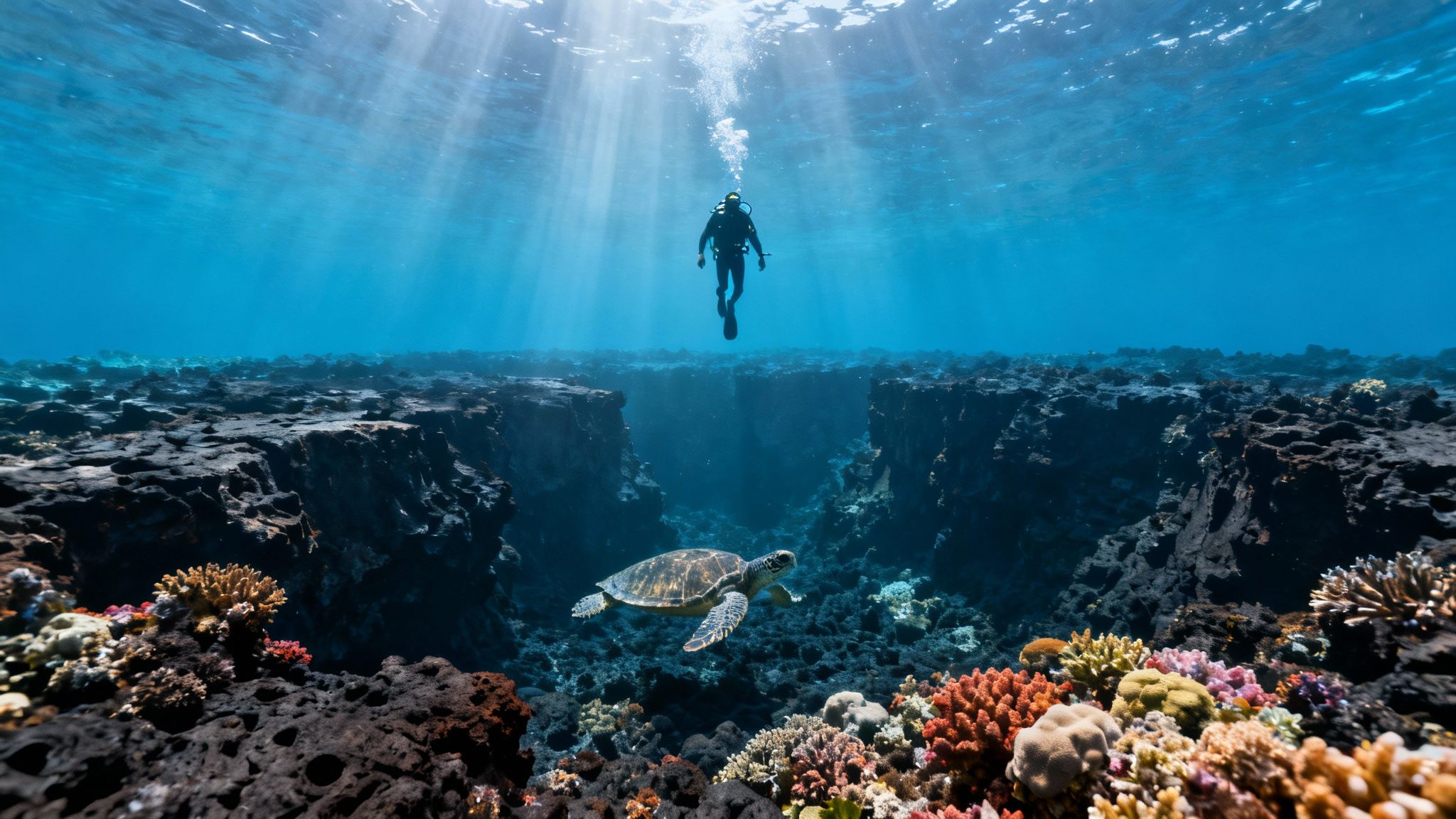 A scuba diver, a sea turtle, and vibrant coral reefs in clear blue Hawaiian waters with sunbeams.