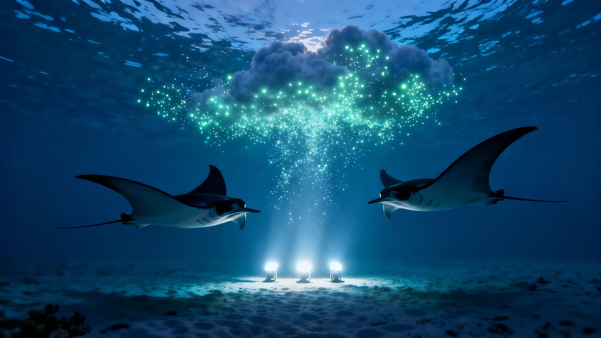Several giant manta rays feeding in the glow of dive lights at night in Kona, Hawaii.